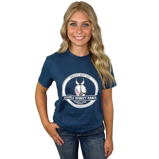 Gals Blue Patriotic Idaho Donkey Tee